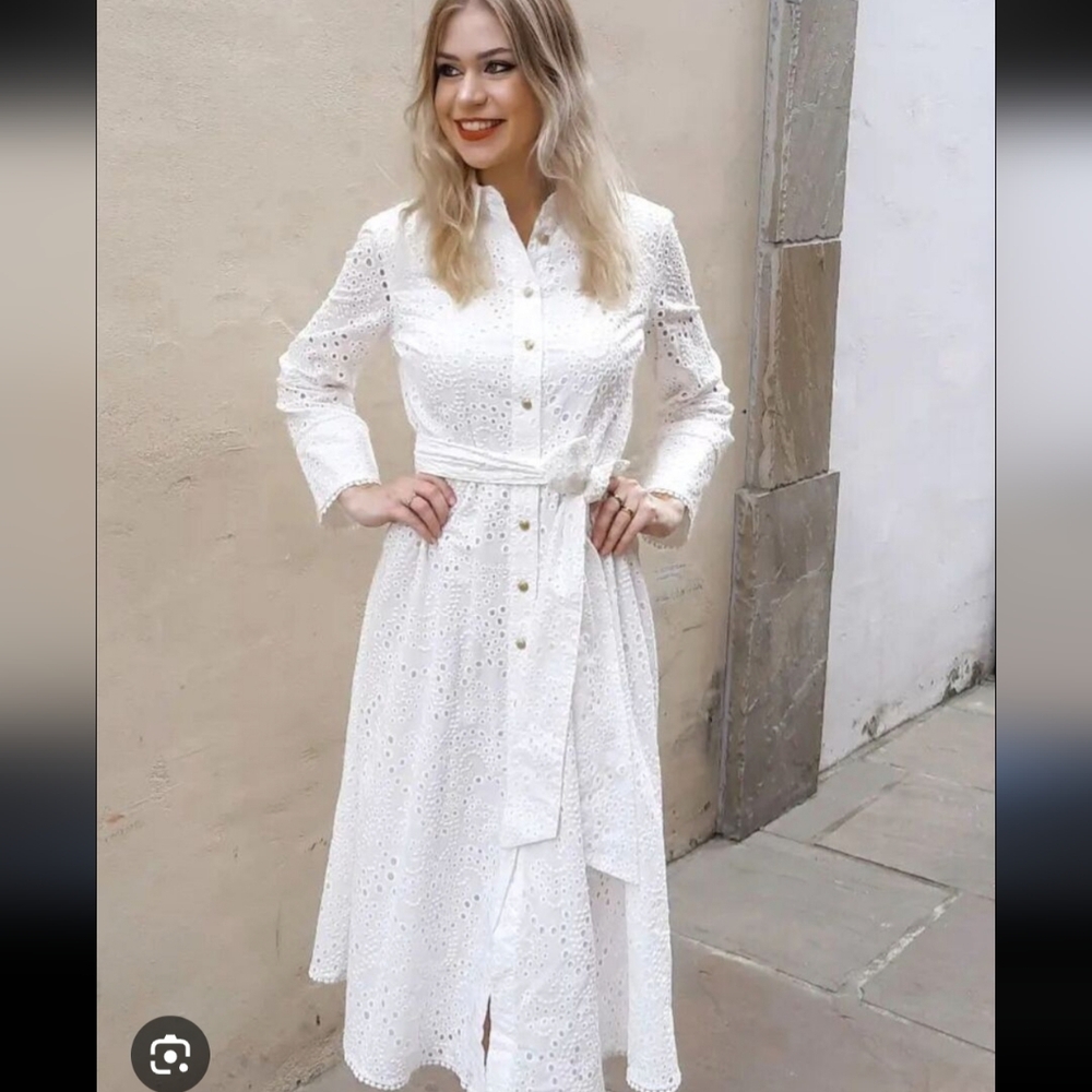 Zara White Long Sleeve Mandarin Collar Dress